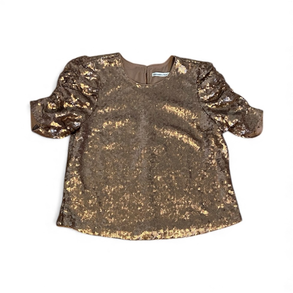 Abercrombie & Fitch Rose Gold Ruched Half Sleeve Sequin Blouse Size M